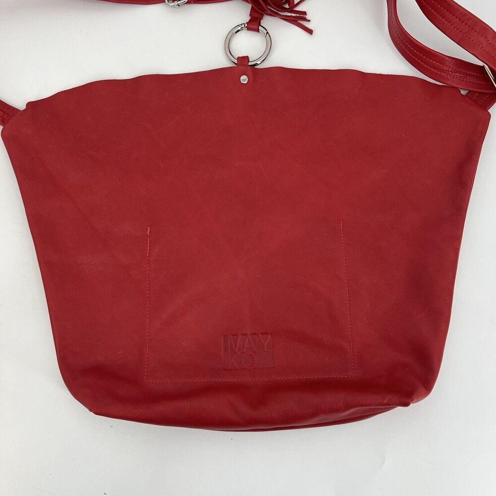 Mayko Leather Hobo Raw Handbag Crossbody Red Tassel Minimalist - Picture 6 of 12